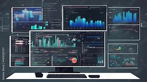 A team analyzes extensive data visualizations on multiple screens, focusing on trends with colorful graphs and real-time metrics in a contemporary workspace