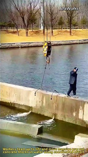 Workers Team Up to Lift Massive Concrete Blocks From Water #ConcreteBlocks #Construction #Teamwork