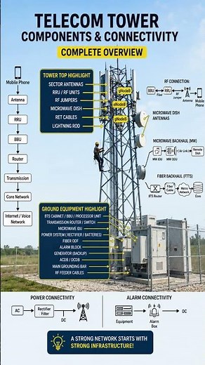 Telecom Tower Components Explained 📡 | BTS, RRU, BBU & Fiber Connectivity Overview
