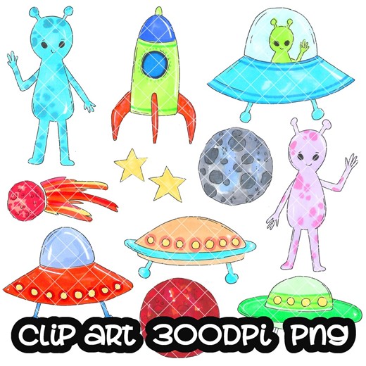 Alien Clip Art, Watercolor Clipart (PNG, Instant Download) - Etsy