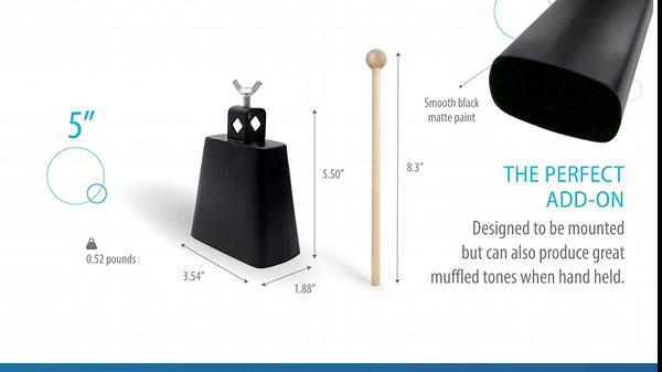 6" Cow bell musical instrument. Metal steel cowbell with stick. Hand percussion cowbells loud noise makers for football game, home call bells, drumset, farm. Easily mountable. Cencerro de salsa.