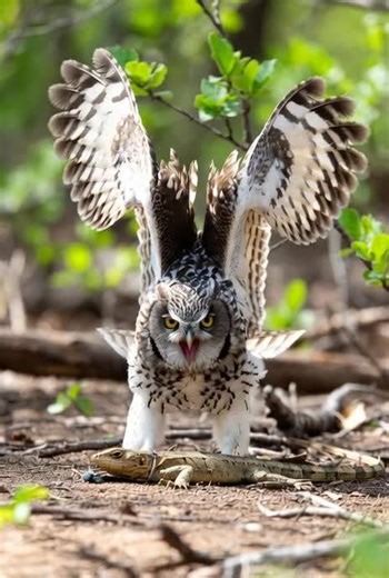 Owl Hunting a Large Lizard in the Wild