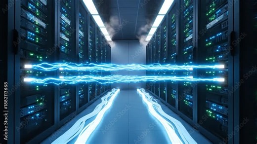 Dynamic digital data flow through a futuristic high-tech server room, illustrating advanced network infrastructure and secure cloud computing concepts for modern enterprise solutions