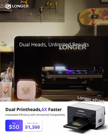 Lock in your exclusive discount now! Pay just $50 to save up to 43% on a Longer ePrint UV printer, with free US & EU shipping and a $49.99 ink kit included. Limited early bird spots available! 🔍 Frustrated by the slow speed and limited ink coverage of single-printhead printing? Meet the Longer ePrint—engineered for performance. Its innovative dual-printhead system features 12 channels in total: one head handles 7 fully customizable channels for specialized applications like a rich white underba