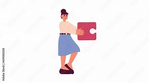 Female office worker holding puzzle piece 2D animation. Employee assistance 4K video motion graphic. Merger connection. Corporate teambuilding colorful animated cartoon flat concept, white background