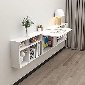 Floating Desk with Storage Shelves, 80'' Wall Mounted Desk Laptop Writing Study Table, Folding Drop Leaf Table, Multifunctional Computer Workstation for Narrow Small Space