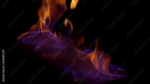 Close up horizontal view for blue and red burning fire, isolated on black background. Beautiful, hypnotic, mystical, red and blue flame.