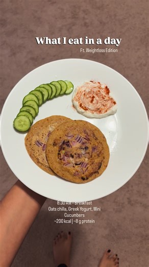 Tikka2Taco | Lifestyle Vlogger | USA on Instagram: "✨What i eat in a day - Ft. Weightloss edition EP-2💪 🌅🌅 8:30 AM – Breakfast Oats chilla, Greek yogurt, ½ cucumber -> ~195–200 kcal | 8g protein ☕ 11:30 AM – Coffee (Skimmed milk& Brown sugar (1 tsp) ) -> ~60 kcal 🍚 1:30 PM – Lunch Coriander rice with peas & cauliflower, Onion raita, Stir Fried Soya -> ~390 kcal | ~20g protein 🌰 After Lunch – Snack Biotin laddoo (small) (sesame, sunflower, pumpkin, flax seeds, jaggery) → ~100kcal | ~ 4g prot