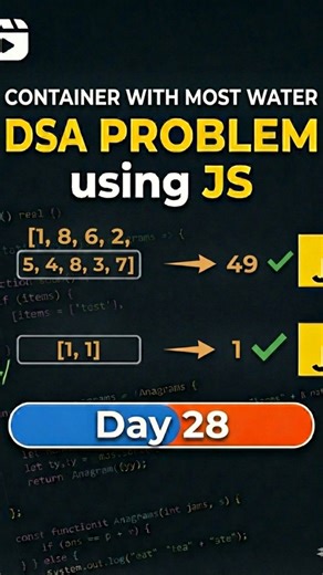 Rebase Yourself on Instagram: "Day 28/30 🚀 Container With Most Water This question looks simple but kills in interviews 😵 The secret? 👉 Two Pointers + Greedy logic ✔️ Start from both ends ✔️ Calculate area every step ✔️ Move the smaller height Save this 🔖 if you’re preparing for coding interviews Follow for daily DSA in JavaScript 💻🔥 DSA in JavaScript, Two Pointer Technique, LeetCode 11, Coding Interview Preparation, JavaScript Algorithms, Problem Solving in JS, FAANG Interview Questions, 