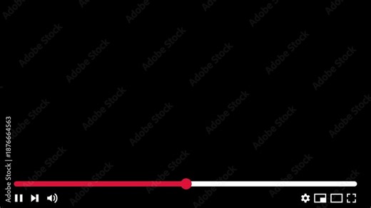 4K Video player interface. Minimalist media player skin with red progress bar and control icons on black background for social media, streaming and web playback simulation.