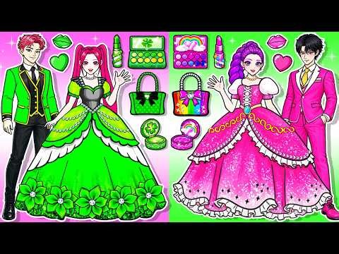 Pink Couple VS Green Couple 💗💚 RUMI x Jinu, MIRA x Abby Dress Up Fashion Playset | DIY Paper Dolls