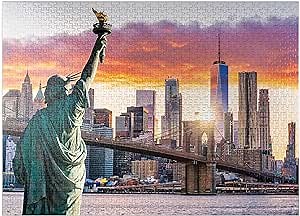 MyPuzzle Statue of Liberty and New York City Skyline at Sunset USA - Premium 1000 Piece Jigsaw Puzzle for Adults