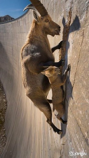 A lone Alpine ibex climbs the nearly vertical surface