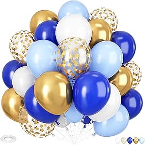 Blue Gold Balloons, 12 Inch Royal Blue and Gold Balloons, Blue and White Gold Balloon Metallic Gold Star Confetti Latex Balloon for Wedding Baby Shower Graduation Anniversary Engagement Decorations