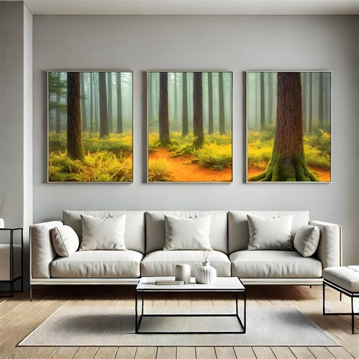 Misty Forest Path Triptych Wall Art, Green Golden Woodland Print, Enchanted Fern Nature Canvas, Peaceful Hiking Trail Decor - Etsy