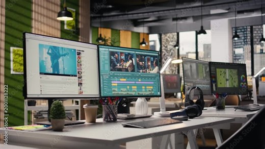 No people highlights workstation with video editing software on footage project, PC shows raw recorded clips and toolbar icons, effects panels and adjustment controls. Film production agency work.