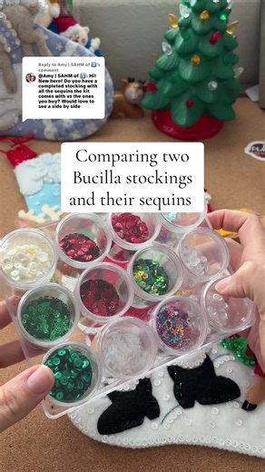 Replying to @Amy | SAHM of 3️⃣ Comparing a stocking that is made exactly how the kit comes with a stocking where I swapped out the sequins. #bucilla #bucillastocking #feltcraft #sewingtiktok #sewingtutorial