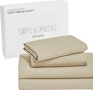 Simple&Opulence 100% Cotton 1000 Thread Count Queen Sheets -4 Pc Long Staple Pure Soft Sateen Weave Set-16” Deep Pocket Cooling Luxurious Silky Bed Sheet(Beige, Queen)