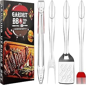 GARDRIT 18” Heavy Duty BBQ Grill Tools Set. Smiley-Design Stainless Steel Grilling Utensils Set - Spatula, Fork, Locking Tongs & Basting Brush. Extra Thick Grill Tools with Gift Box Package