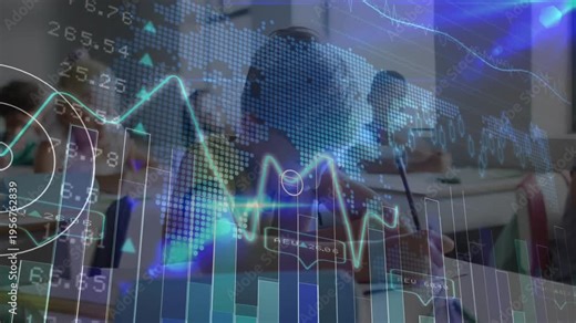 Main student writing in class as overlay sweeps, showing bar charts aligning with face for learning