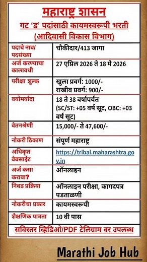 🚨 महाराष्ट्र शासन- गट 'ड' पर्मनंट भरती | 🔥 416 जागा | आदिवासी विकास विभाग भरती | 🎓 लगेच अप्लाय करा !