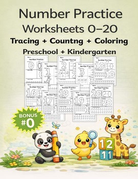 Animal Number Practice Worksheets 0–20 | Count, Trace & Write | No Prep | PreK-K