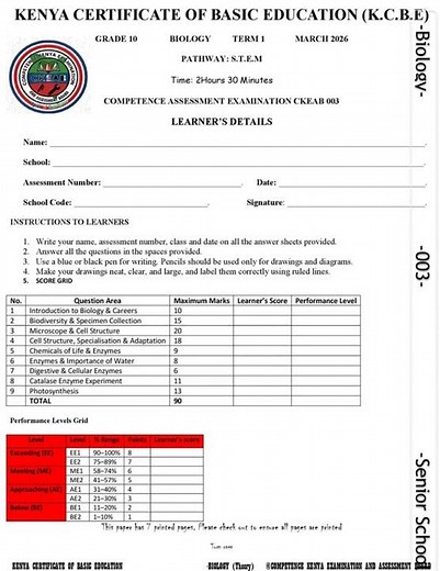 Grade 10 Biology End of Term 1 2026 Exam