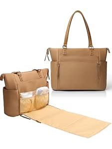 MOMINSIDE Neoprene Diaper Bag Tote, Diaper Bag Backpack pañaleras para bebe,14 Pockets Large Capacity Diaper Bags, Convertible Diaper Tote, Brown