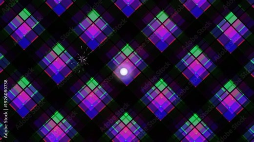 A digital pattern of colorful diamond shapes on a dark background is displayed in a video format.
