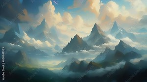 Cartoon video of clouds moving high in the mountains