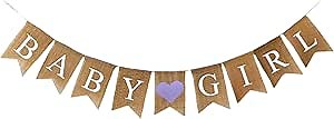 Baby Girl Burlap Banner for Baby Shower, Gender Reveal Party, Light Purple Heart