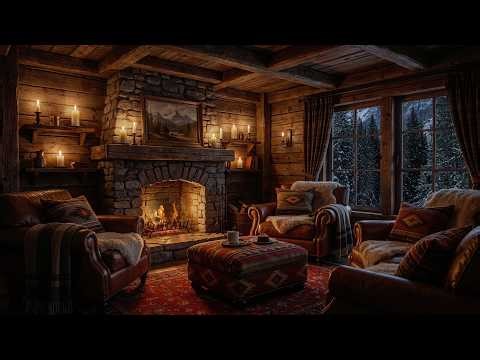Peaceful Snowy Cabin with Fireplace | 4K Relaxing Winter Sounds