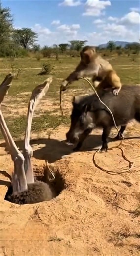 Monkey Rides a Wild Boar to Save an Ostrich 😱🐒🐗