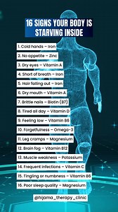 23K views · 407 reactions | 16 SIGNS YOUR BODY IS STARVING INSIDE! Your body sends clear signals when it needs specific nutrients — from cold hands pointing to iron needs, to poor sleep linked to magnesium deficiency. #Nutrition #Deficiency #HealthSigns #Wellness #Vitamins #Minerals #HealthyLiving #NutritionTips #BodySignals #selfcareroutine | Hijama Therapy Clinic | Facebook