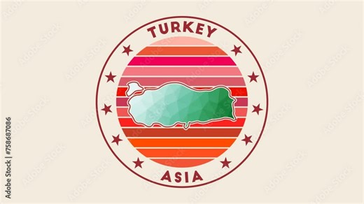 Turkey intro video. Badge with the circular name and map of the country in low poly tech geometric style. Captivating country round logo animation.