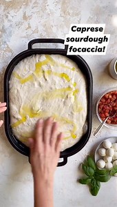 Caprese Sourdough FOCACCIA, because the heart wants what it wants. And right now that’s tomatoes on e v e r y t h i n g. 🍅 LINK to the sourdough focaccia RECIPE: https://heartbeetkitchen.com/how-to-make-sourdough-focaccia/ Just add chopped and drained tomatoes mini mozzarella balls after dimpling, and basil when it comes out of oven! #sourdoughbaking #caprese #summerfoods #focaccia | Heartbeet Kitchen