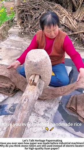 Making Xuan Paper – Crushing Mulberry Bark with a Stone Roller 📜