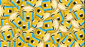 Digital animation of multiple crying face emoji falling against black background Stock Video