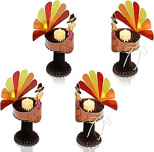 4PS Paper Honeycomb Candles for Party ，Turkey Candle Holder with LED Tea Lights, Thanksgiving Tea Light Candle Holders Candlestick for Fall Table Centerpiece Thanksgiving Home Decor