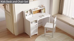 Treocho Kids Study Desk and Chair Set, Kids Desk with Hutch and Tiltable Desktop for 3-8 Years Old, Wooden Children Study Table with Storage Cabinet, Student Writing Desks, Home School, Natural