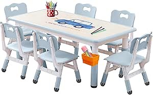 Kids Table and Chairs Set, Height Adjustable Desk With 6 Seats for Ages 3-12,Arts & Crafts Table,Graffiti Desktop, Non-Slip Legs, Max 300lbs, Children Multi-Activity Table for Classrooms,Daycares,Home