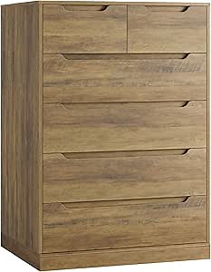 HOSTACK Modern 6 Drawer Dresser for Bedroom, Tall Chest of Drawers with Storage, Large Wood Storage Chest Organizers with Cut-Out Handles, Accent Storage Cabinet for Living Room, Hallway, Rustic Brown