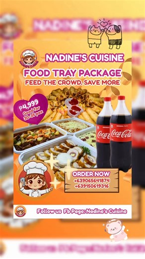 ✨ Party Food Tray Package – Only 4,999 PHP! ✨ Feeding a crowd? We’ve got you covered! ✅ Good for 30-35 pax ✅ 5 Delicious Dishes Drinks ✅ FREE DELIVERY within Marikina City Menu: Lumpiang Shanghai, Chicken Cordon Bleu, Classic Spaghetti, Creamy Carbonara, and Beef Caldereta. 🥤 Includes 2x 1.5L Coke! 📍 Na-Dine’s Cuisine 📱 Order here: 09150619316 09065641874 | Nadine's Cuisine