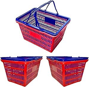 Stackable Plastic Shopping Baskets, Red and Blue, Easy-Grip Handles for Grocery, Retail, Liquor Stores, Home Use (6-pack, Red & Blue Assorted)