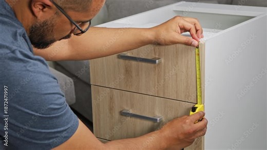 Close-up of a carpenter carefully measuring a kitchen cabinet with a tape measure to verify dimensions and alignment during kitchen furniture installation and renovation work.