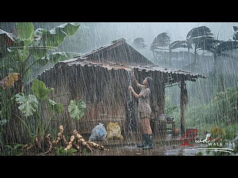 SIMPLE WOODEN HUT IN TROPICAL RURAL LIFE DURING HEAVY RAIN, RAIN WALK FOR RELAXING