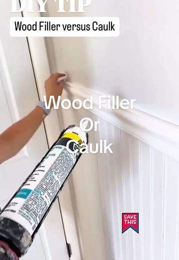 Here’s your quick DIY tip: Part 4 When deciding between wood filler and caulk think: wood filler for surfaces, caulk for seals Wood Filler = Surface: It’s used to repair or smooth surfaces by filling in holes, dents, or gaps, creating a hard, sandable surface that can be painted or stained. Caulk = Sealing: Caulk is best for sealing joints, seams, and edges that need flexibility, like where trim meets walls or between tiles, to prevent moisture and air from getting through. Knowing which one to