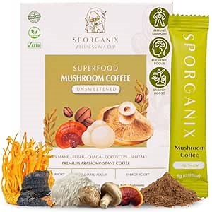 Sporganix Organic Mushroom Coffee – Instant Arabica with 5 Functional Mushrooms (Lion’s Mane, Reishi, Chaga, Cordyceps, Shiitake) – Unsweetened, Medium Roast, 30 Servings for Focus & Energy