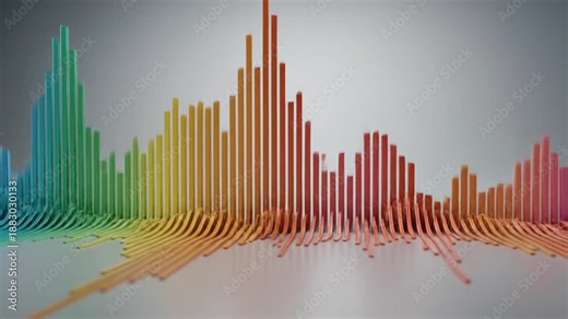 Abstract colorful equalizer with bars representing sound frequencies on a reflective surface.