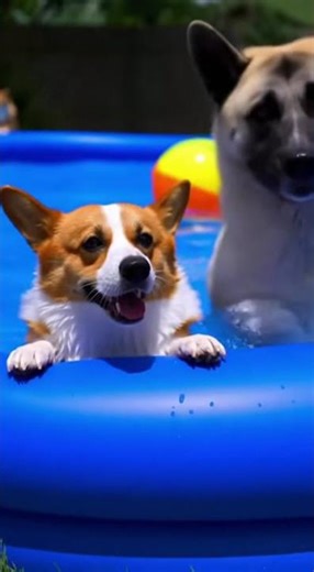 Who Swims Faster? Akita vs Corgi Pool Race 🏊🐶 #funny#pets #corgi #akita